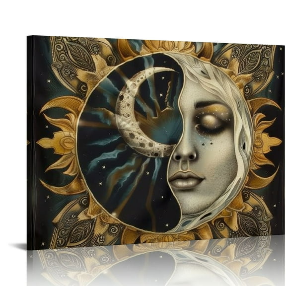 Patifu Sun Moon Face Fine Art Aesthetic  Painting for Classroom Kitchen Office Farmhouse Bathroom Room Decor Pictures Wall Art Painting Print on Canvas Living Room Bedroom Home Office Wall Decor
