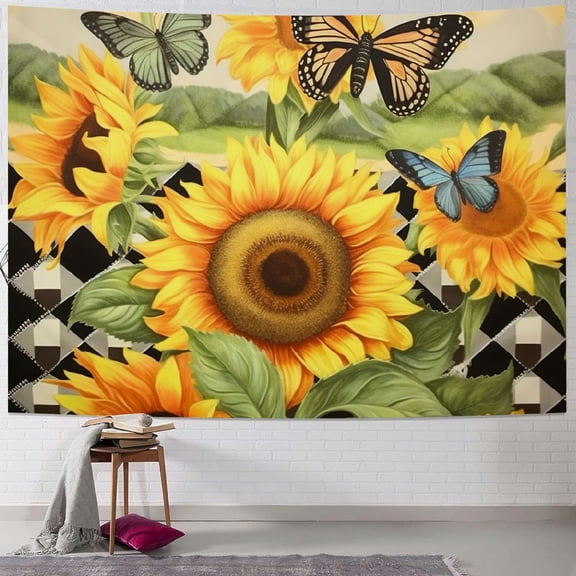 Patifu Sunflower Butterflies Checkered Tapestry Wall Hanging Unique Style for Home Wall Decor - Soft Plush Fabric, Various Sizes Available 60x50inch