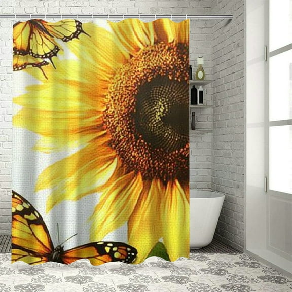 Patifu Sunflower Butterflies Shower Curtain Set 100% Polyester Chic Modern Bathroom Decor with Hooks 36"x72