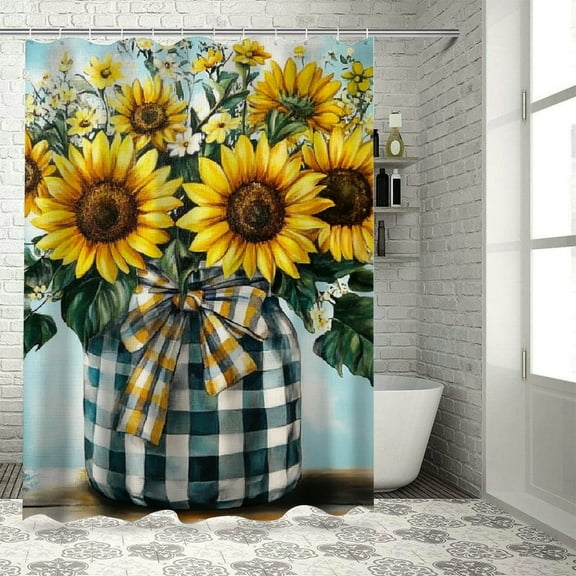 Patifu Sunflowers Mason Jar Gingham Chic Modern Bathroom Decor Shower Curtain with Hooks 100% Polyester Fabric 36"x72