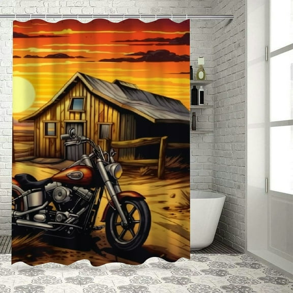 Patifu Sunset Barn Motorcycle Theme Bathroom Shower Curtain Set with Hook, Graphic Print Polyester Fashion Bathroom Decoration Set Bright HD Print, Easy to Install and Maintain, Waterproof, Blackout,