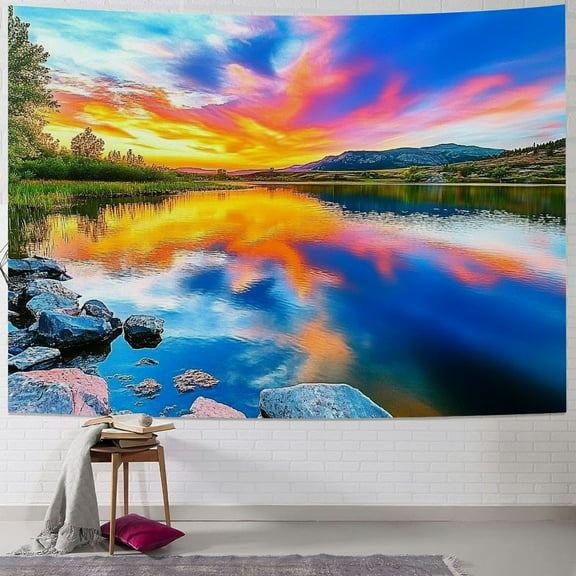Patifu Sunset Lake Tapestry Forest Nature Landscape Tapestry Wall Hanging Scenic Tree Mountain Tapestry Psychedelic Natural Sunrise Headboard Tapestry for Bedroom Living Room Decor 60x50inch