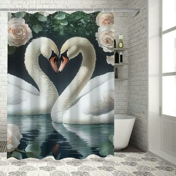 Patifu Swans Roses Painting Bathroom Shower Curtain Set with Hooks 36"x72