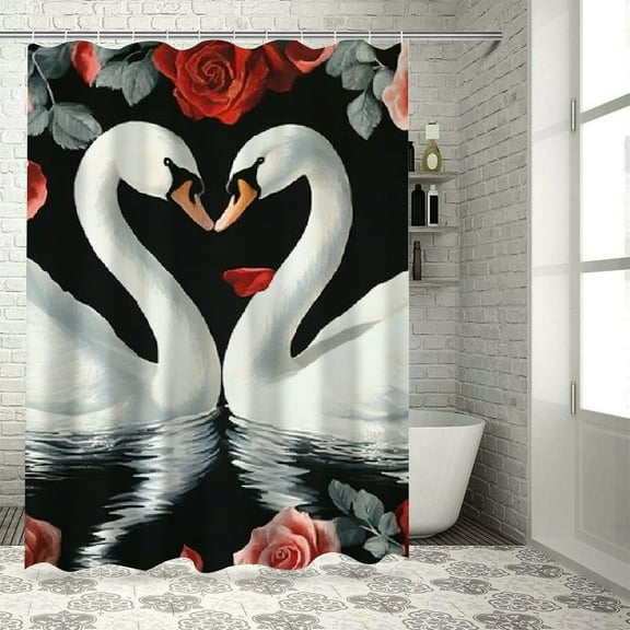 Patifu Swans Roses Romantic Shower Curtain Set with Hooks 100% Polyester 36"x72