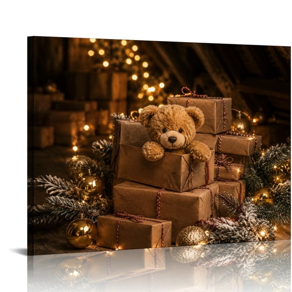 Patifu Teddy Bear In Christmas Gift Boxes HD Print Framed Canvas Wall Art Ready To Hang Home Decor 16x12in