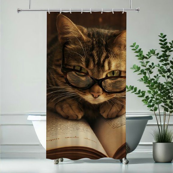 Patifu The Glasses-Wearing Reading Cat Washable Curtain for Adults And Family Waterproof Shower Curtain Bathroom