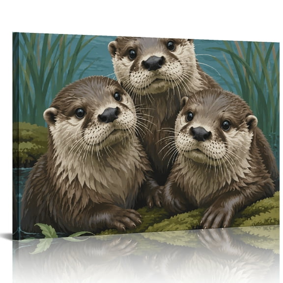 Patifu Three Otters On Mossy Log Canvas Wall Art for Living Room Bedroom Decor 24x16in