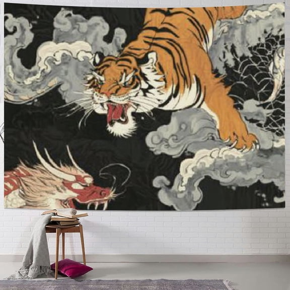 Patifu Tiger Dragon Silk Screen Tapestry Wall Hanging Unique Style Graphic Tapestries Home Wall Decor Art for Living Room Bedroom Dorm - Short Plush Fabric, 4 Sizes Available 40x30inch