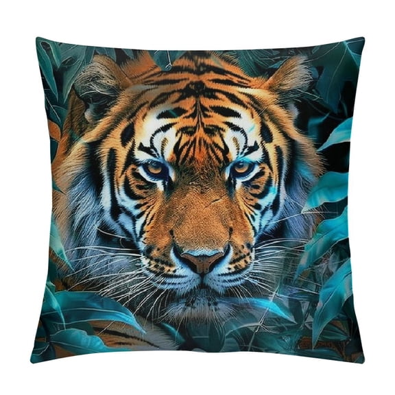 Patifu Tiger Jungle Leaves Graphic Decorative Cushion Throw Pillow Cover 20x20in