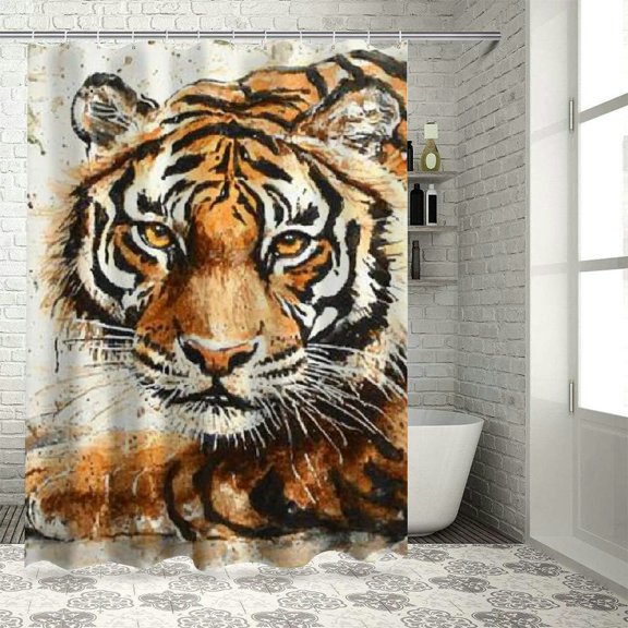 Patifu Tiger Painting Gouache Bathroom Shower Curtain Set with Hooks 36"x72