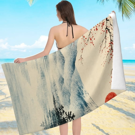 Patifu Travel Swimming Bath Towel Fuji Mountain Japanese Ink Print Ultra-Soft Microfiber for Bathroom Beach Yoga Camping Hiking 61.4x30.3 Inches 80*160cm