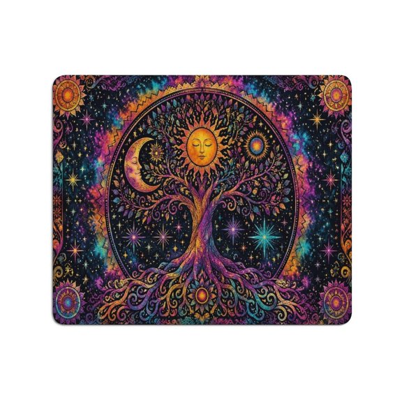 Patifu Tree Of Life Sun Moon Colorful Cosmic Celestial Ornate Art Mouse Pad, Square Smooth Surface Desk Mat, Stitched Edge for Office, Laptop, Computer, Home,