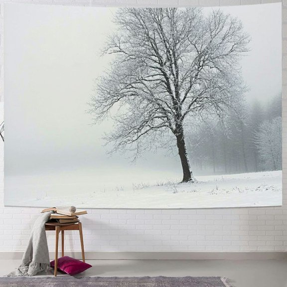 Patifu Tree Tapestry, Winter Landscape Picture with a Tree in Snowy Field and Foggy Forest at the Back, Wide Wall Hanging for Bedroom Living Room Dorm 40x60inch