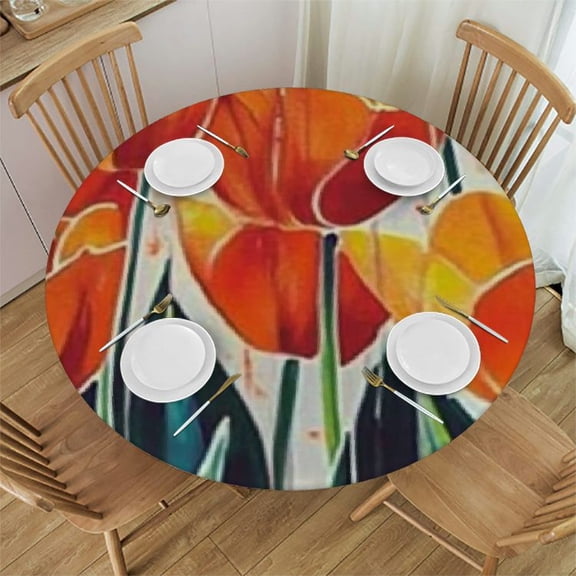 Patifu Tulips Orange Painting Round Tablecloth 100% Polyester Waterproof Resistant Fabric for Home Kitchen Parties Holiday Dinner 31"-35