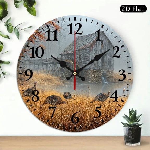 Patifu Turkeys By Old Water Mill Theme Round Wooden Wall Clock 10 Inch Silent Sweep Movement 10x10in