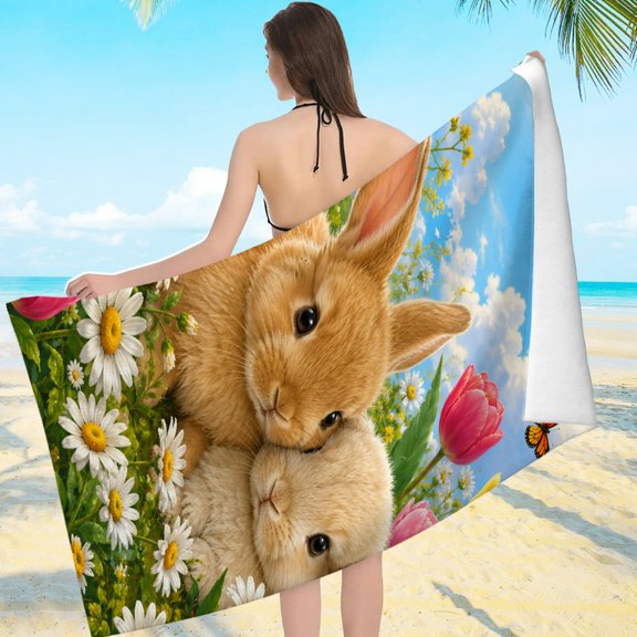 Patifu Two Bunnies In Tulip Flower Field Beach Towel, Machine Washable Ultra-Soft Microfiber Beach Pool Great Gift