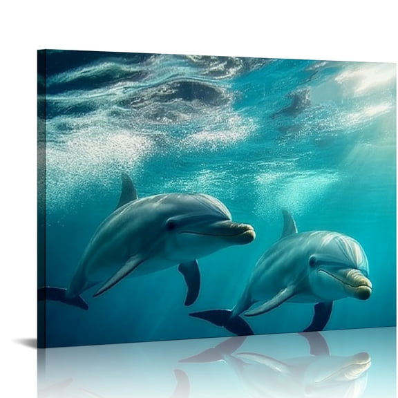 Patifu Two Dolphins - Home Decor And Gifts For Dolphins Enthusiasts - Dolphins Illustration,HD Prints Canvas Paintings, Great for Home Bedroom Wall Decor Club Decor 20x16in