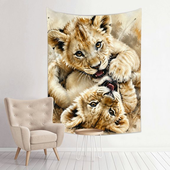 Patifu Two Lion Cubs Playing Vertical Polyester Wall Tapestry for Bedroom Living Room Dorm Decor 30*40in