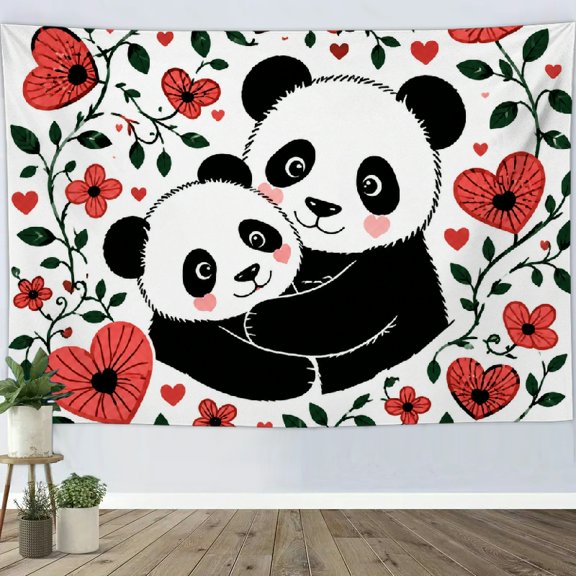 Patifu Two Pandas Hugging With Heart Flowers Polyester Tapestry Wall Hanging for Bedroom Living Room Dorm 80*60in