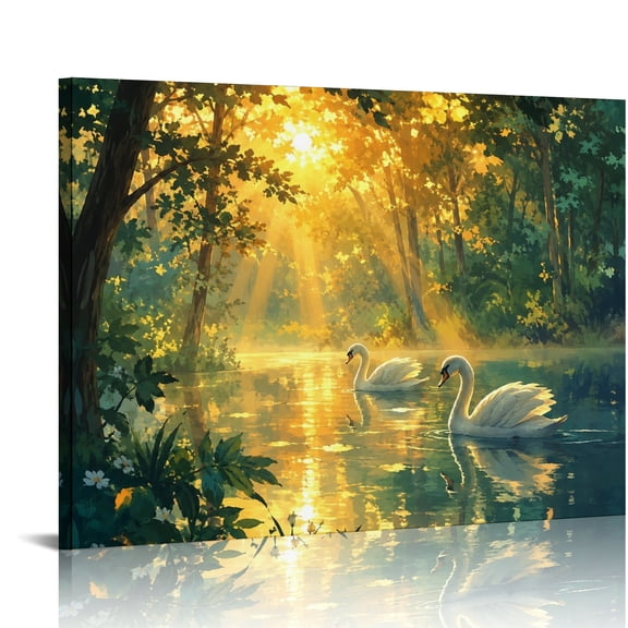 Patifu Two Swans On Forest Lake HD Print Framed Canvas Wall Art Ready to Hang for Bedroom Living Room Dorm 20x16in