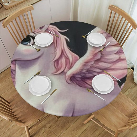 Patifu Unicorn Horn Wings Waterproof Round Tablecloth Stain-Resistant 100% Polyester Fiber Ideal for Indoor Outdoor Restaurants Weddings Parties 54"-58