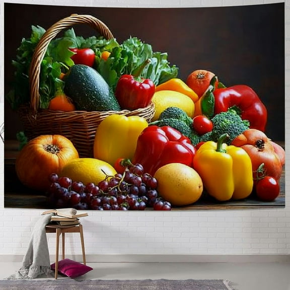 Patifu Vegetables Fruits Still Life Tapestry Wall Hanging Unique Style Graphic Tapestries Home Wall Decor Art for Living Room Bedroom Apartment Farmhouse Dorm 40x60inch