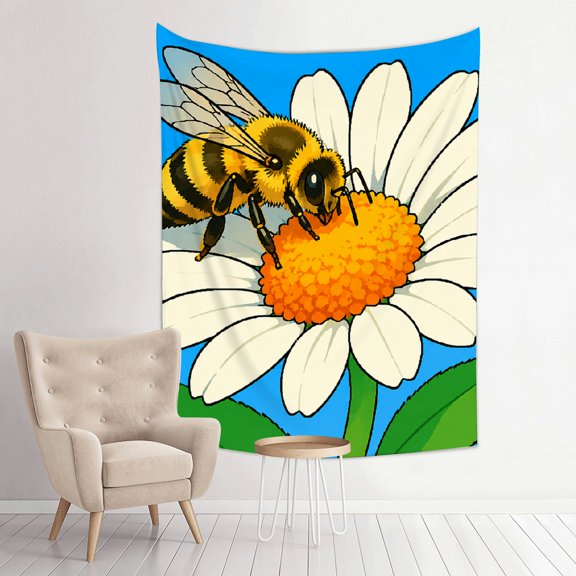 Patifu Vertical Print Wall Hanging Tapestry Bee On White Daisy Flower Aesthetic Home Decor for Bedroom Dorm Living Room 30*40in