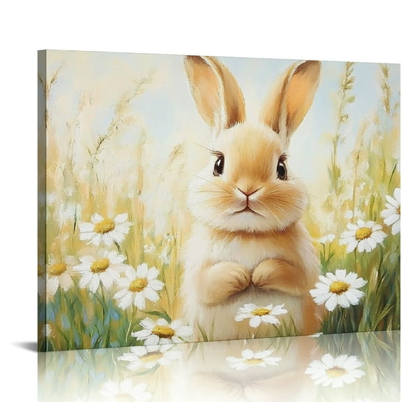 Patifu Vintage Bunny Easter Wall Art Spring Wildflowers Painting Farmhouse Rabbit Animal Wall Decor Easter for Home Family Bedroom Parlor Yard Rustic 16x12in