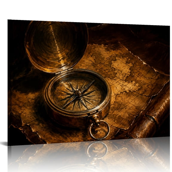 Patifu Vintage Compass On Old Map Canvas Print Modern Wall Decor for Living Room Bedroom Bathroom 24x16in