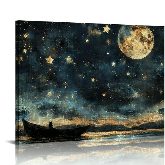 Patifu Vintage Dark Landscape Canvas Wall Art Retro Moon Celestial Wall Decor Cottagecore Night Star Pictures Print Romantic Academia Moody Aesthetic Painting Ready to hang 16x12in