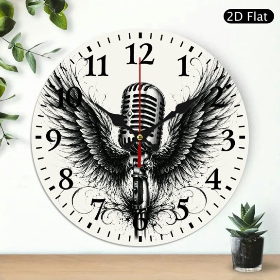 Patifu Vintage Microphone With Wings Wall Clock Battery Operated Silent Sweep Movement 10x10in