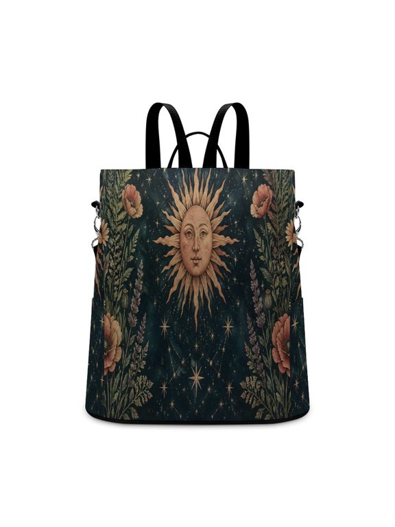 Vintage Sun Face Moon Wildflowers Starry Celestial Art Anti Theft Backpack, Purse for Women, Secure Back Zipper, Multi-Purpose Rucksack Backpack With Adjustable Strap, Womens Travel Backpack,