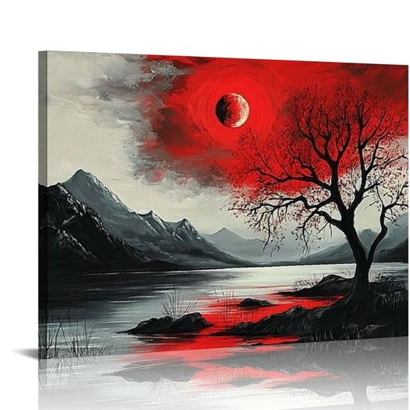 Patifu Volcano Cloud Tree Canvas Wall Art Abstract Seascape Paintings Print Black and White Red Sun Sea Pictures Artwork Canvas Wall Art for Living Room Bedroom Home Office Decorations Wall