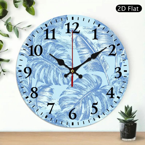 Patifu Wall Clock Battery Operated, Blue Banana Leaf Print, Battery Operated (AA Not Included), Lobby Corridor Dining Room Bedroom Office Classroom
