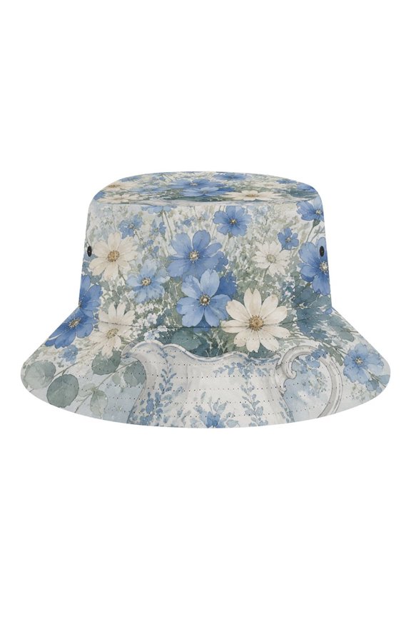 Watercolor Blue White Wildflower Bouquet in Blue And White Porcelain Pitcher Eucalyptus Vintage Horizontal Floral Illustration Bucket Hat, Soft, Printed, Packable Fisherman Sun Hat for Beach