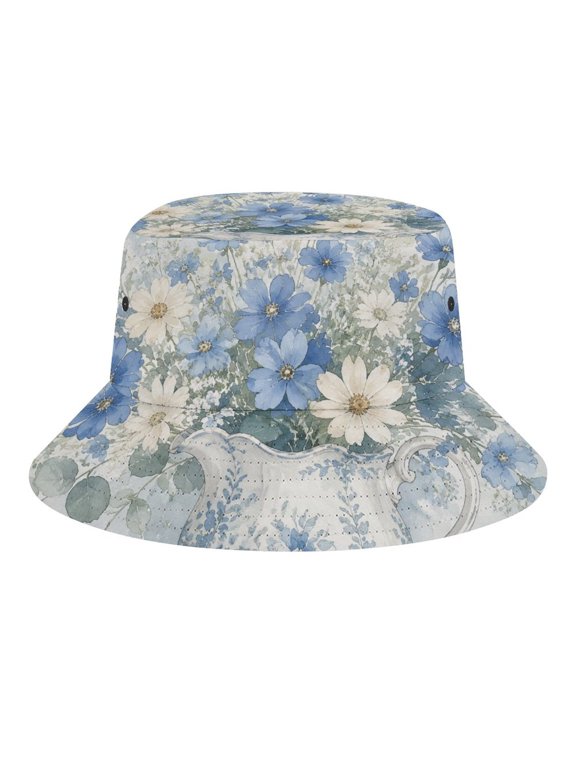 Watercolor Blue White Wildflower Bouquet in Blue And White Porcelain Pitcher Eucalyptus Vintage Horizontal Floral Illustration Bucket Hat, Soft, Printed, Packable Fisherman Sun Hat for Beach