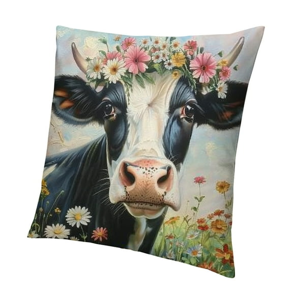 Patifu Watercolor Painting Dairy Cow Throw Pillow Cases Adorable Farm Animals with Flower Wreath Decorative Pillow Cushion Covers  Rustic Farmhouse Chair Decor Square  Pillowcase 12x12in