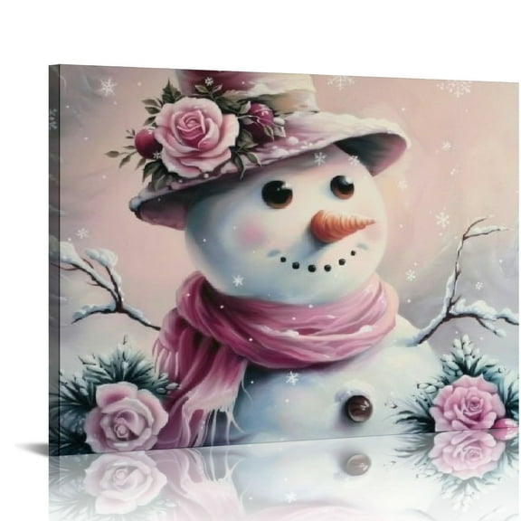 Patifu Watercolor Pink Christmas Snowman Canvas Wall Art Christmas Wall Decor Pink Snowman Picture Vintage Portrait Painting Winter Scene Aesthetic Poster Decor For Livingroom Shop Cafe 20x16in