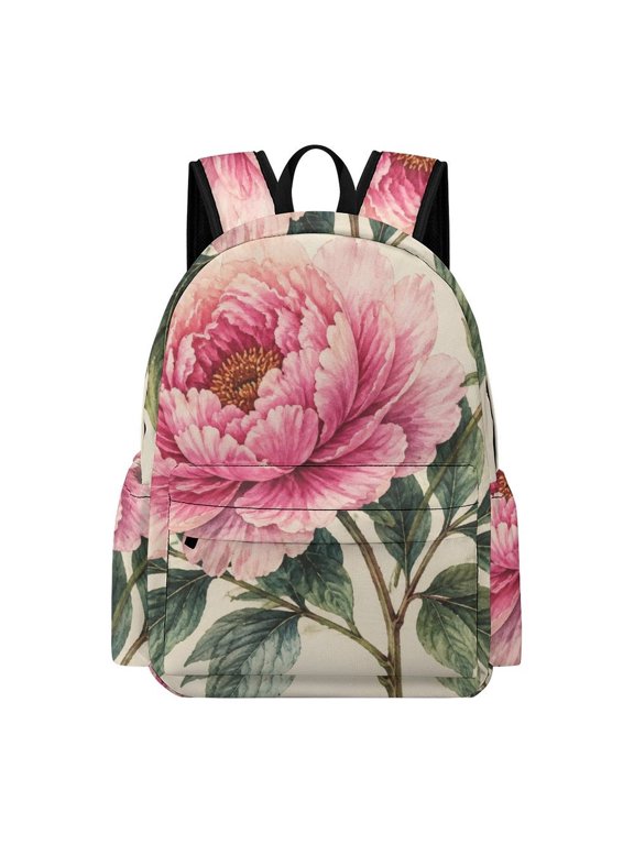 Watercolor Pink Peony Bloom And Bud Vintage Paper Background Printed Oxford Backpack, Large Capacity Laptop Backpack, Water Resistant, Travel Daypack for College Work Commuting Adults, 42x30