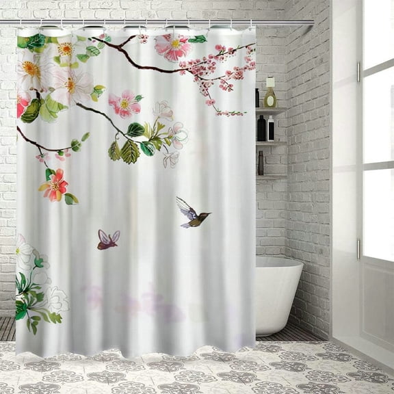 Patifu Watercolor Shower Curtain, Apple Tree Blooming in Spring Season Branches Falling Leaves Romantic, Cloth Fabric Bathroom Decor Set with Hooks, Pale Pink Green White