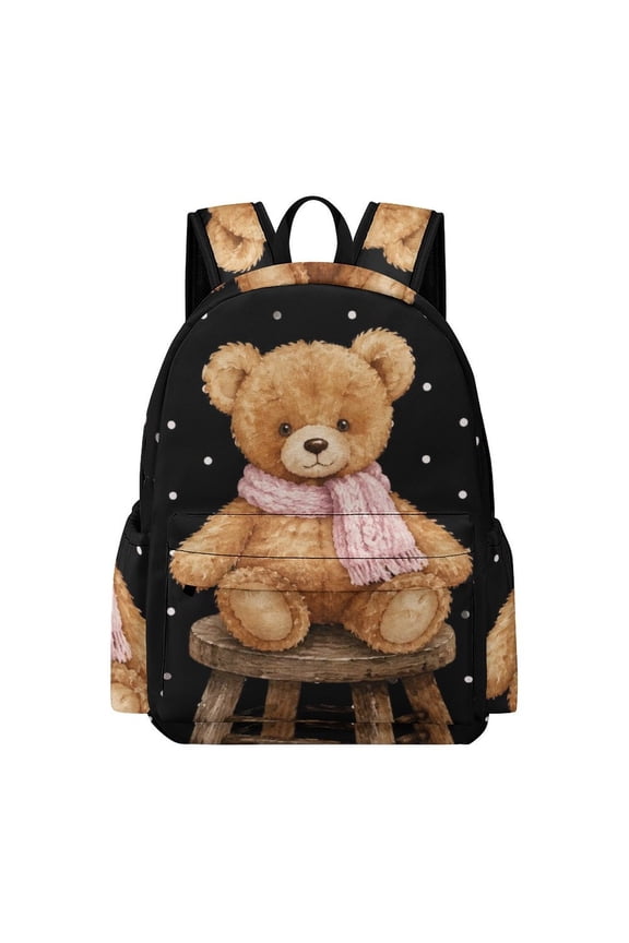 Patifu Watercolor Teddy Bear With Pink Scarf On Wooden Stool Printed Oxford Backpack, Large Capacity Laptop Backpack, Water Resistant, Travel Daypack for College Work Commuting Adults, 42x30x15cm