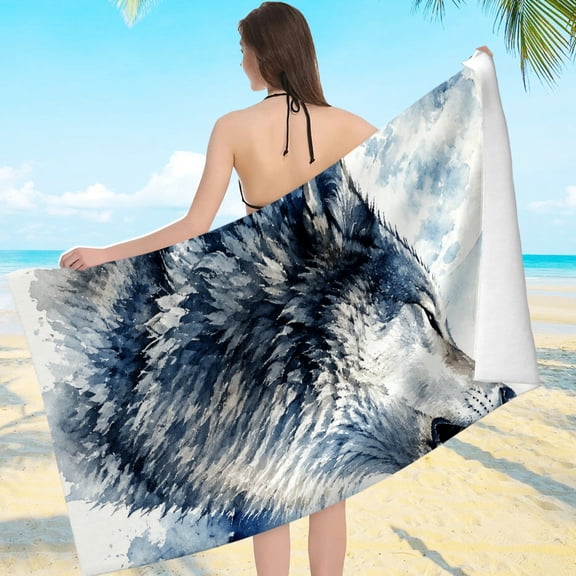 Patifu Watercolor Wolf Howling At Moon Microfiber Beach Towel Ultra-Soft Large Size 80*160cm