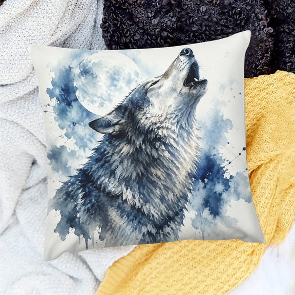 Patifu Watercolor Wolf Howling At Moon Square Linen Cushion Cover for Home Sofa Couch 18x18in