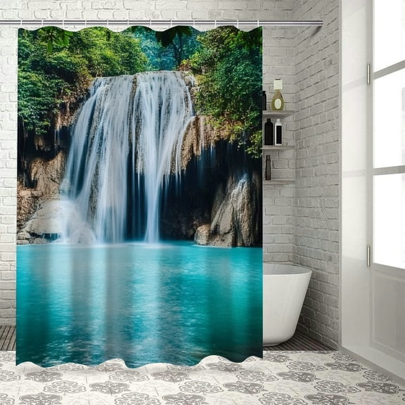 Patifu Waterfall Blue Pool Man Shower Curtain Set 100% Polyester Bathroom Decoration with Hooks 69"x72