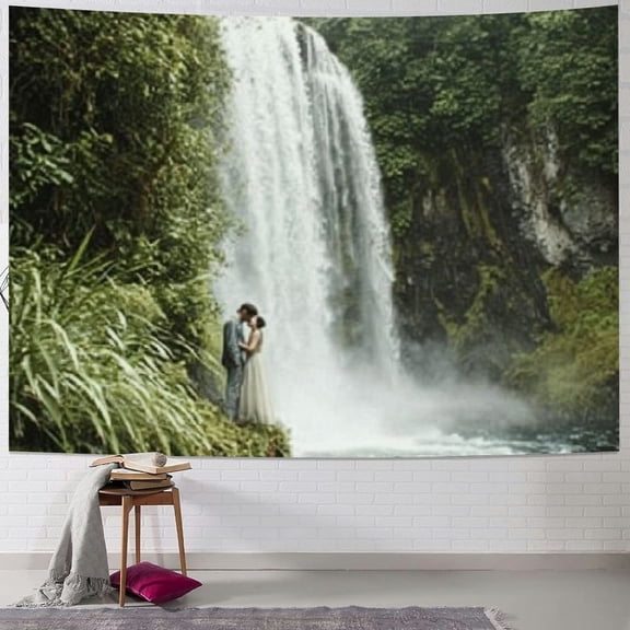 Patifu Waterfall Tapestry King Size, Exotic Rainforest in Indonesia Tropical Trees Adventure Picture Nature Blooms, Wall Hanging  Cover Wall Decor, King Size 60x50inch