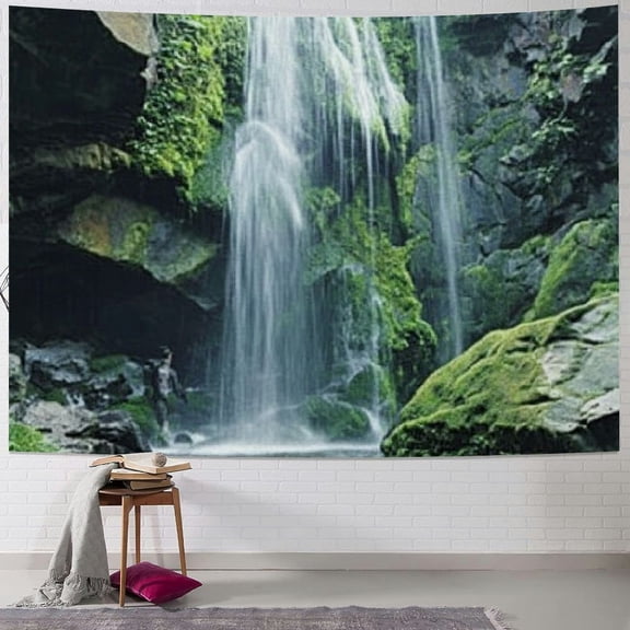 Patifu Waterfall Tapestry , Rocky Waterfall to Pond Running Off Scenic Nature Themed Picture Print, Wall Hanging  Cover Wall Decor, 40x30inch