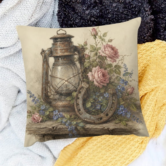 Patifu Waterproof Linen Pillow Covers Rusty Lantern Roses Horseshoe for Home Sofa Couch 18x18in