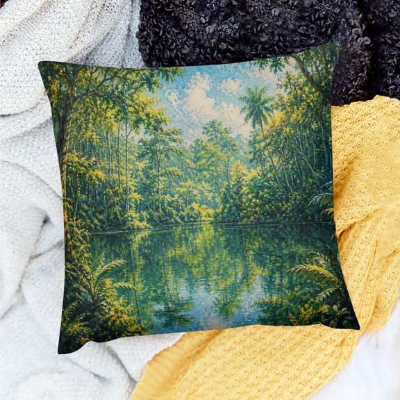 Patifu Waterproof Linen Pillow Covers Tropical Rainforest Lake Square Cushion Covers for Home Sofa Couch 18x18in