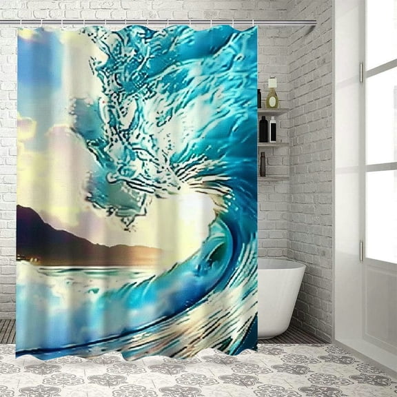 Patifu Wave Mountain Ocean Theme Modern Bathroom Decor Shower Curtain Set with Hooks 60"x72