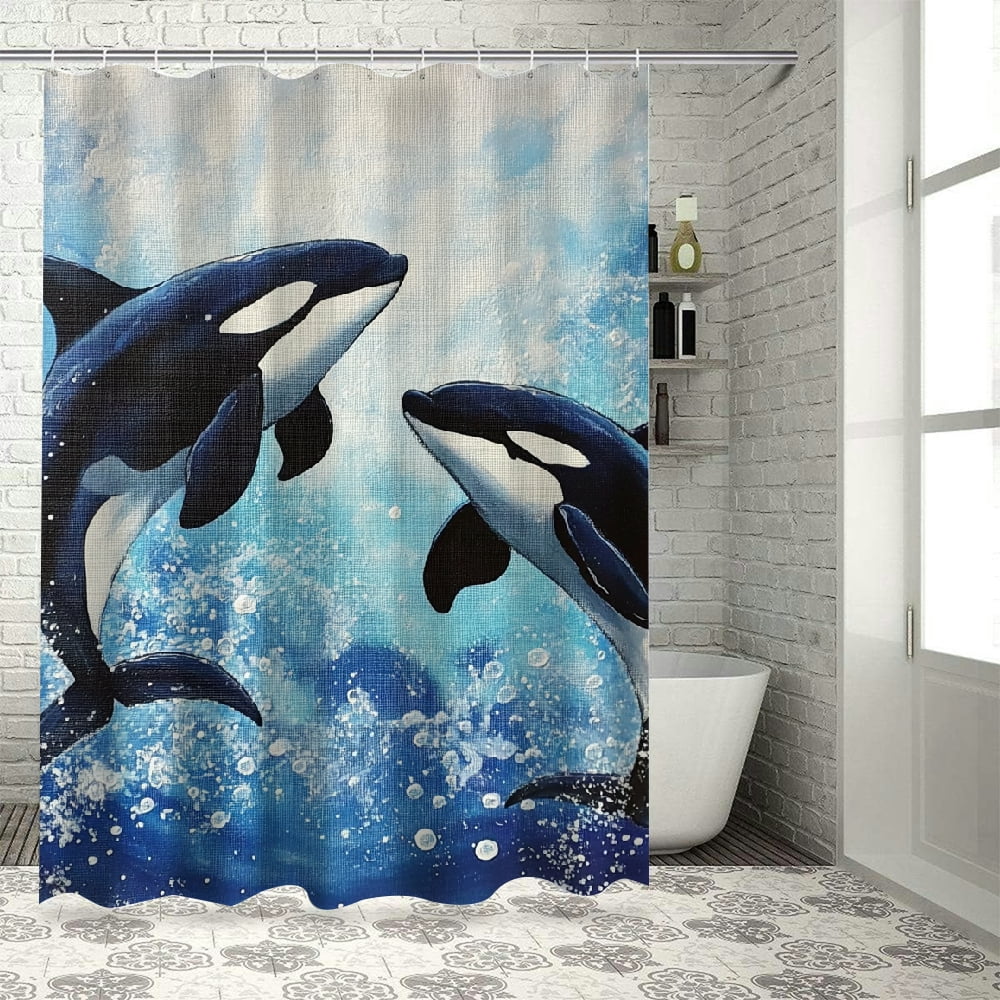 Patifu Whales Ocean Bubbles Washable Shower Curtain Set with Hooks 100% Polyester Fabric Waterproof Bathroom Curtains 69"x72